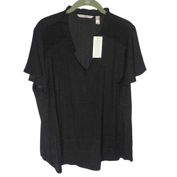 Isaac Mizrahi Live Shirt Womens 1X Black Ruffle V-Neck Smocked Shoulders Plus - Picture 16 of 16